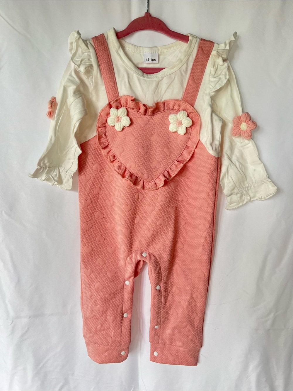 NWT Pink Heart Textured Romper with Cream Bodysuit, Size 12-18 Months